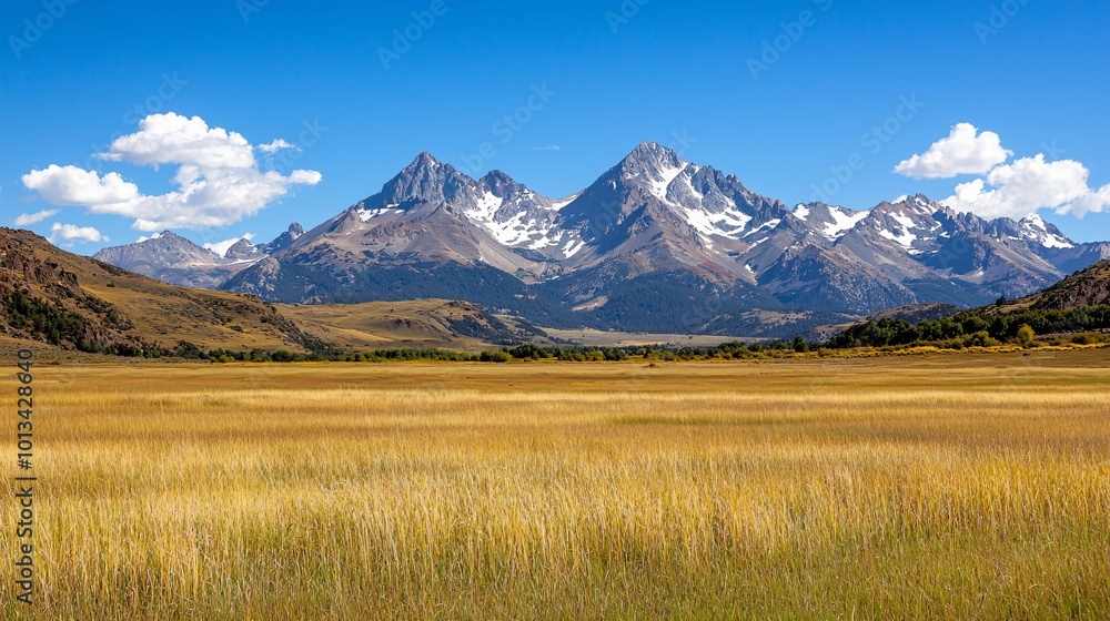 A stunning landscape featuring majestic snow-capped mountains against a clear blue sky, surrounded by a golden grassy field. A stunning landscape featuring majestic snow-capped mountains against a clear blue sky, surrounded by a golden grassy field.