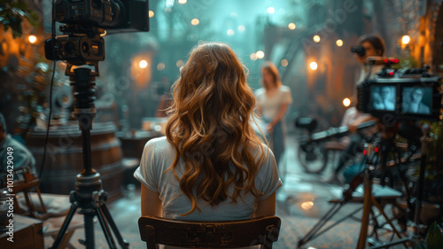 an actress sitting on a chair in a movie set, holding and reading a script in one hand.