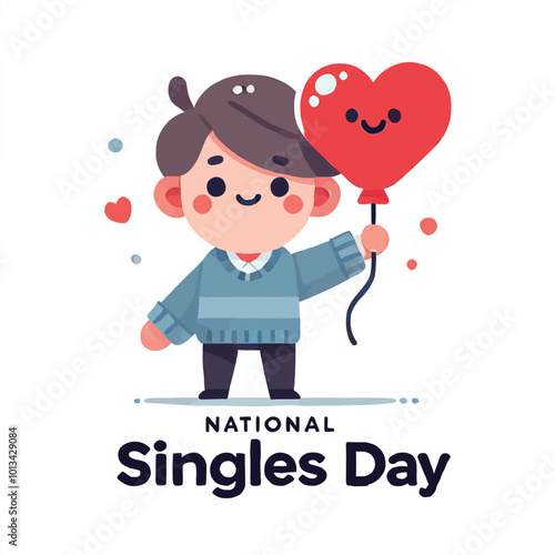 cartoon character holding a heart shape balloon celebrating National Singles Day