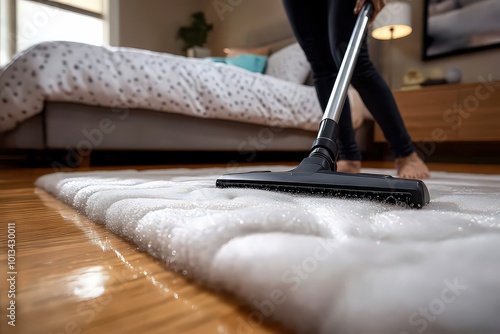  person vacuums under bed with long, flat nozzle attachment, reaching every corner for thorough dust-free cleaning, symbolizing attention to detail in household care.