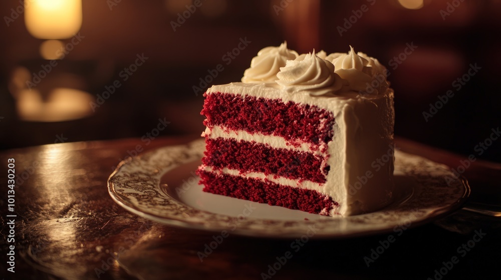A single slice of red velvet cake with white frosting sits on a plate on a wooden table. A single slice of red velvet cake with white frosting sits on a plate on a wooden table.