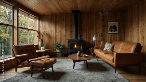 Scandinavian mid-century modern living room with wood-paneled walls and cozy furnishings.