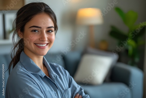  professional cleaner stands proudly in spotless living room, her crisp uniform reflecting attention to cleanliness, professionalism, and dedication to delivering quality service.