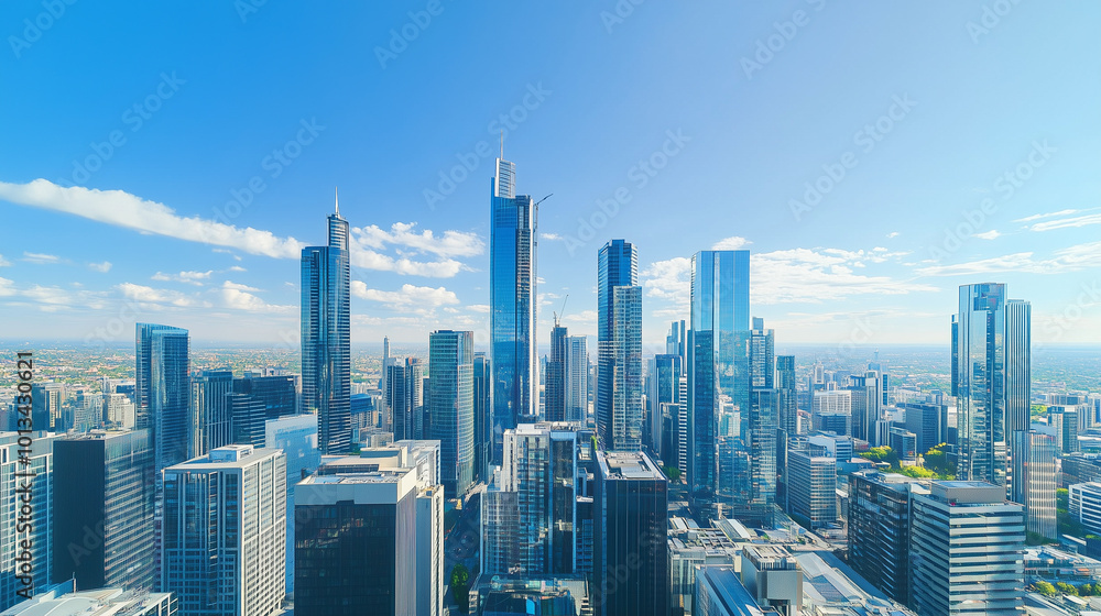 Fototapeta premium Aerial View of City Skyline and High-Rise Buildings Under Blue Sky and White Clouds