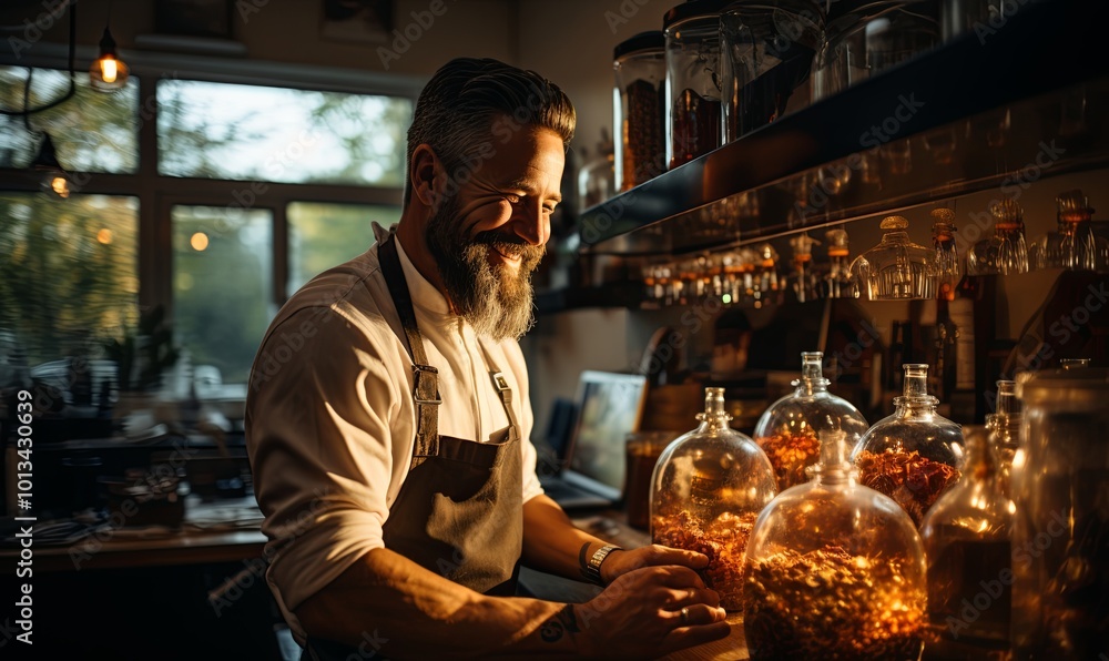 Man Standing in Front of Counter With Bottles Man Standing in Front of Counter With Bottles