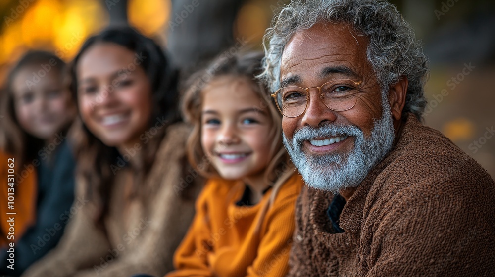 A joyful gathering of a family with a smiling grandfather and children in autumn attire. A joyful gathering of a family with a smiling grandfather and children in autumn attire.
