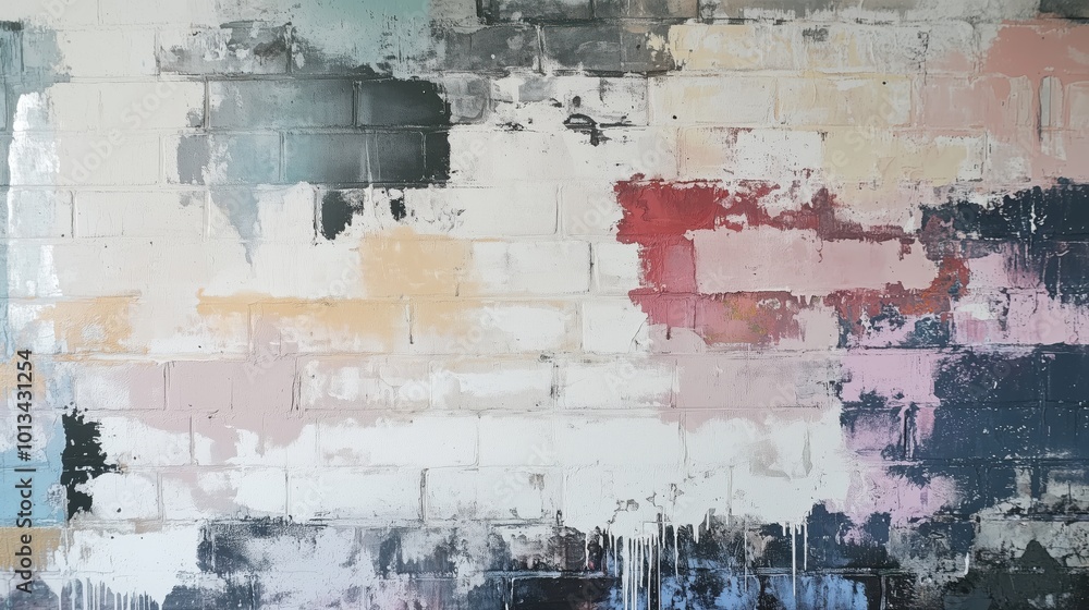 Fototapeta premium Abstract wall painting featuring bold splashes of color and texture, representing urban creativity and artistic expression.