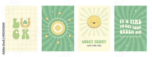 Groovy St. Patrick's Day. Lucky penny character, gold coins, horseshoe, shamrock, good luck wishes. A set of funny holiday cards with cheerful messages.