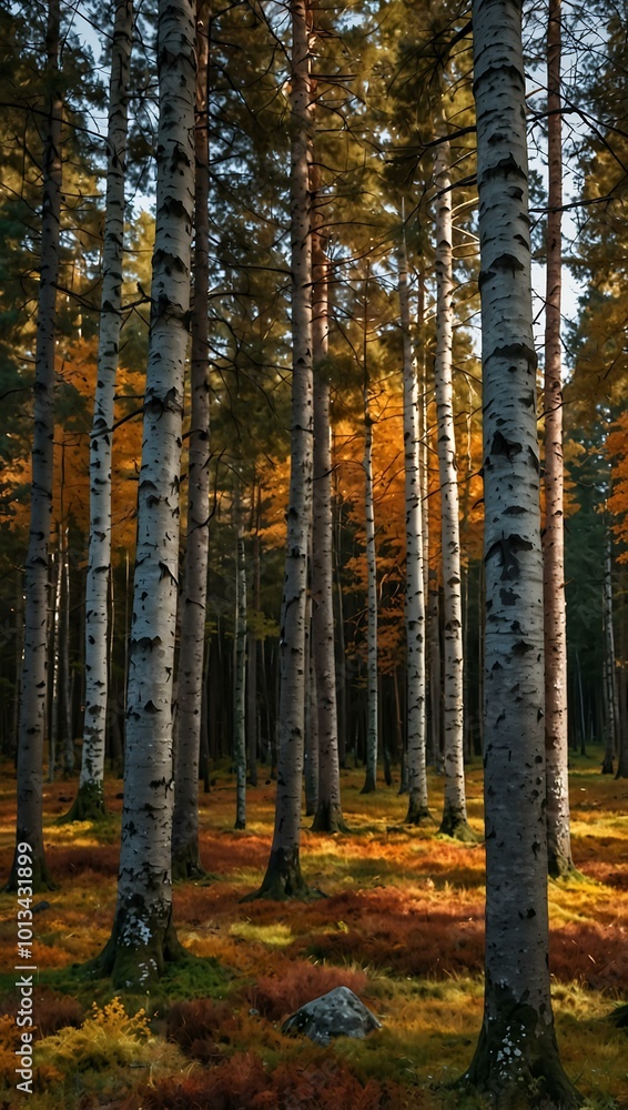 Serene autumn forest in Sweden, showcasing tall trees and vibrant colors. Serene autumn forest in Sweden, showcasing tall trees and vibrant colors.