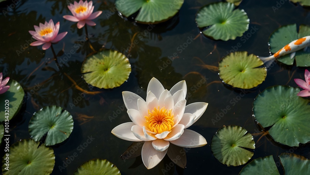 Serene koi pond adorned with vibrant lotus flowers, viewed from above. Serene koi pond adorned with vibrant lotus flowers, viewed from above.