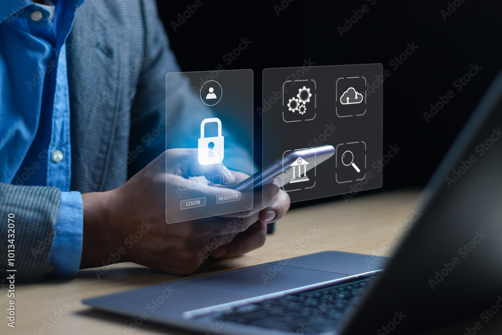 Cyber security, data privacy protection, firewall security concept. Businessman using phone showing personal data protection with virtual screen interface on internet technology network connection Cyber security, data privacy protection, firewall security concept. Businessman using phone showing personal data protection with virtual screen interface on internet technology network connection