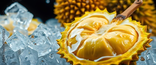 durian fruit on fresh ice cubes photo