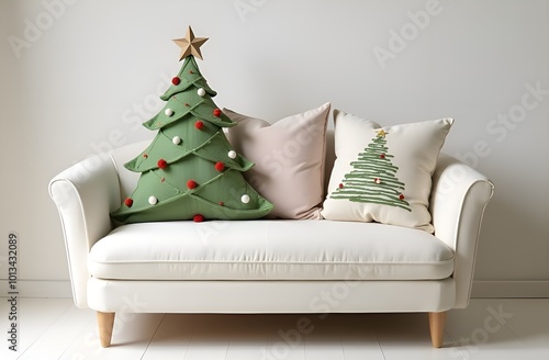 Christmas pillows on a white sofa on a light background with a place for text. The living room is decorated for the new year and Christmas. Festive winter decor for home and furniture