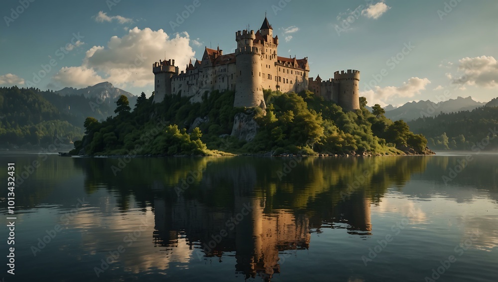 Serene landscape featuring a castle surrounded by nature. Serene landscape featuring a castle surrounded by nature.