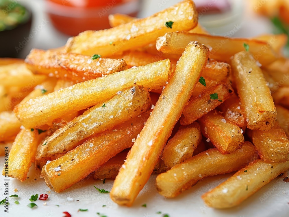 golden crispy french fries piled high on a pristine white background glistening with a light sheen emphasizing their mouthwatering texture and inviting appearance golden crispy french fries piled high on a pristine white background glistening with a light sheen emphasizing their mouthwatering texture and inviting appearance