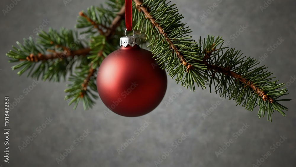 Simple red ornament hanging from a Christmas branch Simple red ornament hanging from a Christmas branch