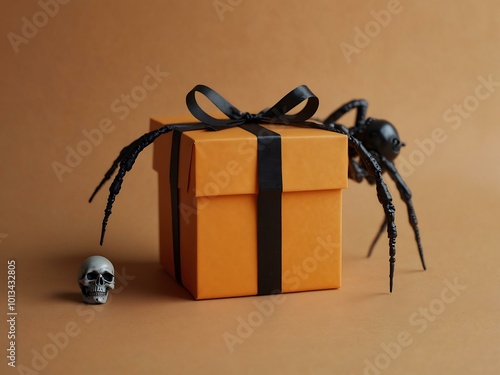 Simple Halloween greeting card template with a spider, gift box, and skull on light orange.