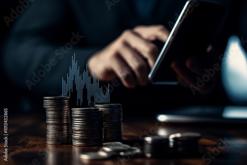 Businessman analyzing financial data on phone with coins.