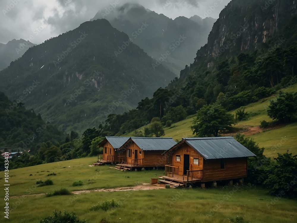 Small huts in the mountains during a rainstorm create a relaxing scene. Small huts in the mountains during a rainstorm create a relaxing scene.