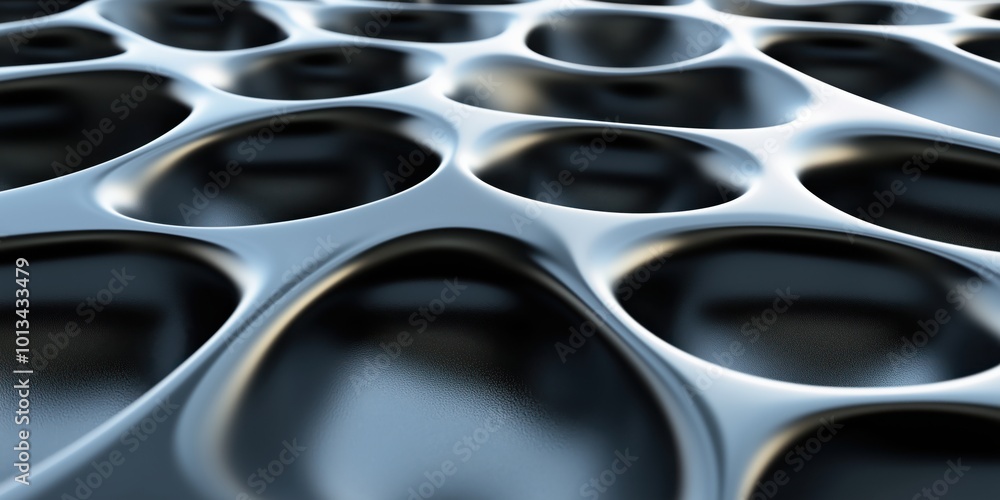 Up-close view of a shiny metallic surface with circular indents, reflecting light beautifully and evenly. Up-close view of a shiny metallic surface with circular indents, reflecting light beautifully and evenly.