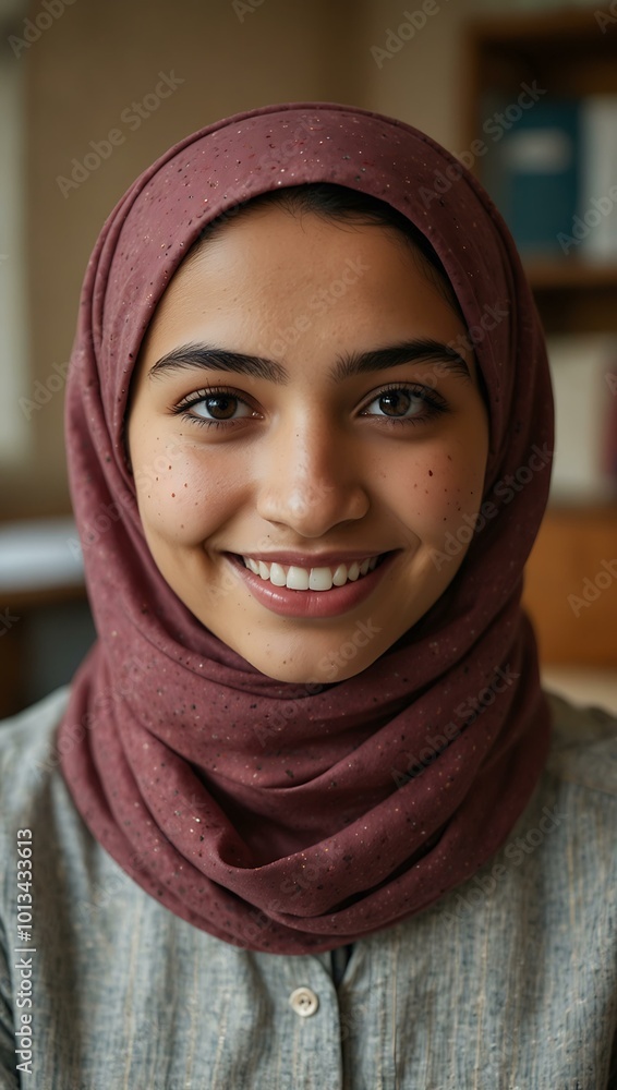 Smiling Muslim college student in a hijab in a classroom setting. Smiling Muslim college student in a hijab in a classroom setting.