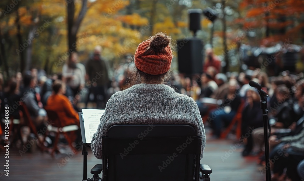 Woman in red hat sits in a chair facing audience. Woman in red hat sits in a chair facing audience.