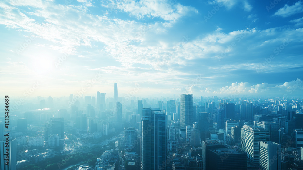 Fototapeta premium City Skyline and Skyscrapers Under Blue Sky and White Clouds Aerial View