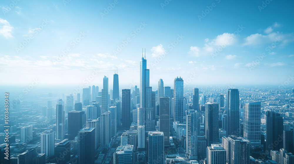 Fototapeta premium City Skyline and Skyscrapers Under Blue Sky and White Clouds Aerial View
