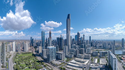 City Skyline and Skyscrapers Under Blue Sky and White Clouds Aerial View