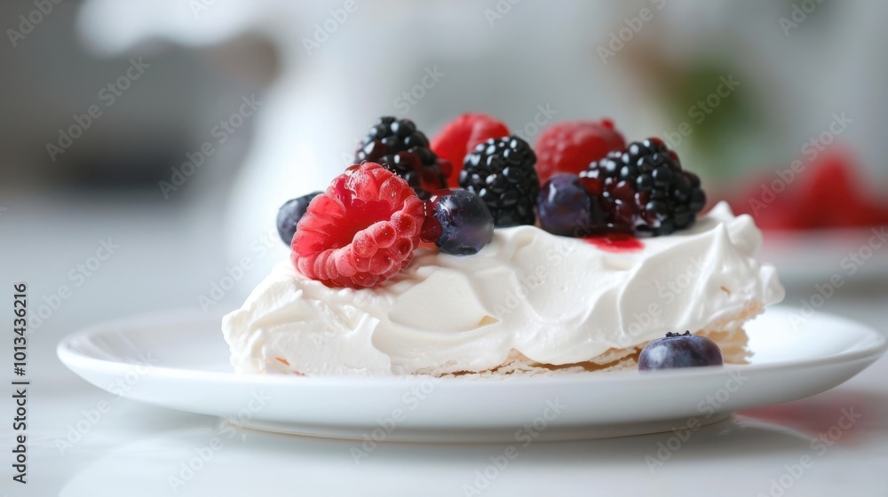 A slice of dessert with raspberries and blueberries on top A slice of dessert with raspberries and blueberries on top