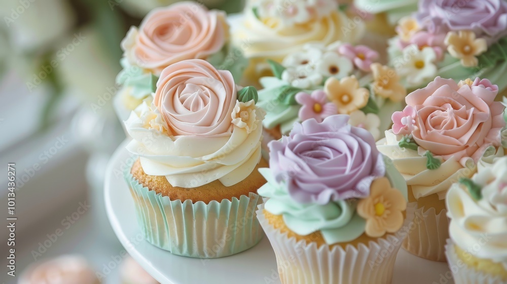 A white plate with a variety of cupcakes with different colors and designs A white plate with a variety of cupcakes with different colors and designs