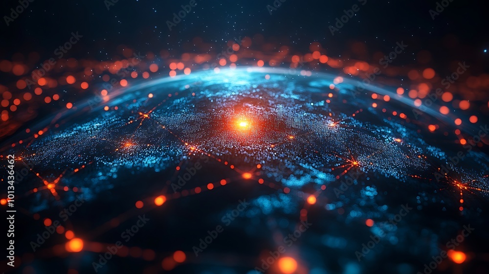 Fototapeta premium A futuristic digital representation of Earth with glowing red and blue lines connecting continents.