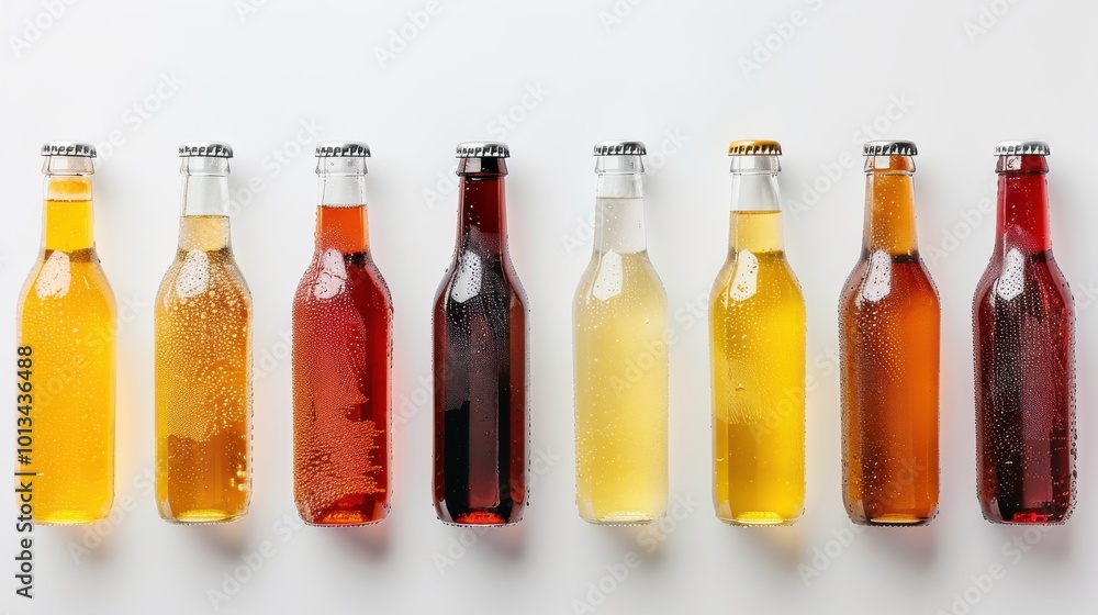 A row of six bottles of different colored drinks, including a yellow one A row of six bottles of different colored drinks, including a yellow one