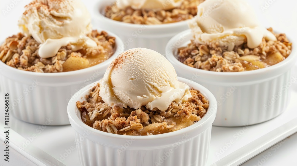 A white dessert with ice cream and fruit on top A white dessert with ice cream and fruit on top