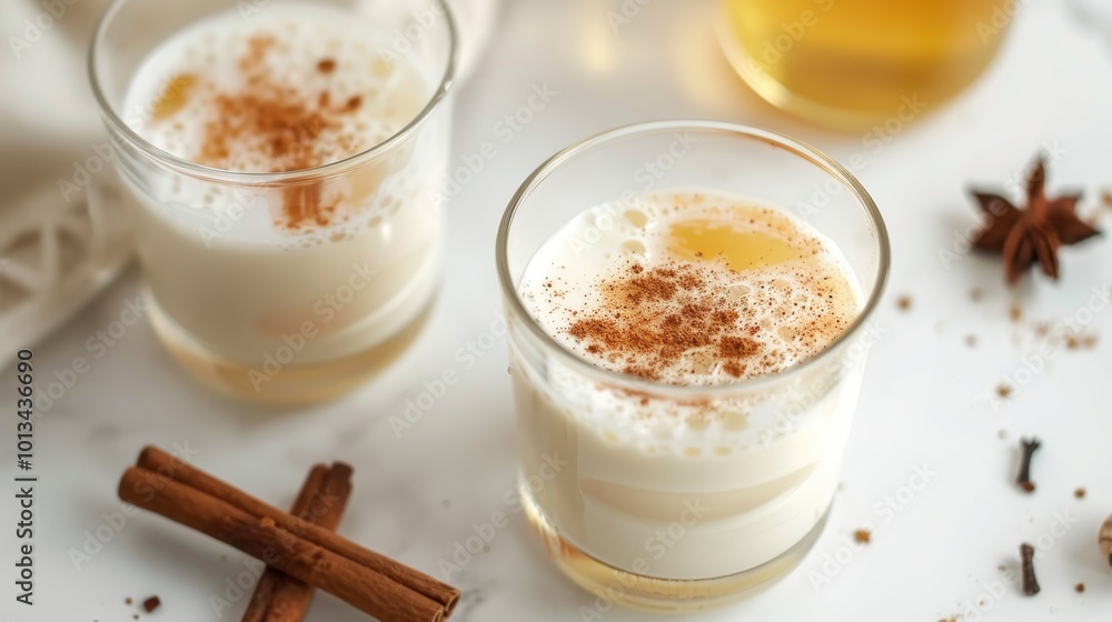 Two glasses of milk with cinnamon on top Two glasses of milk with cinnamon on top