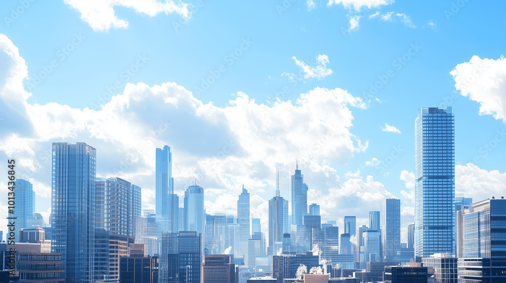Fototapeta premium Aerial View of City Skyline and High-Rise Buildings Under Blue Sky and White Clouds