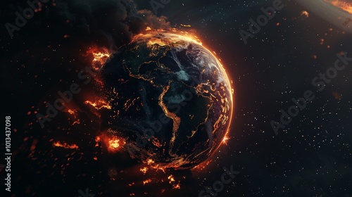 Fototapeta Naklejka Na Ścianę i Meble -  A dramatic view of earth from space  the planet engulfed in flames with fiery atmosphere and smoke