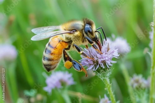 A close-up shot of a honeybee pollinating a wildflower in a meadow, showcasing the importance of biodiversity in pollination.