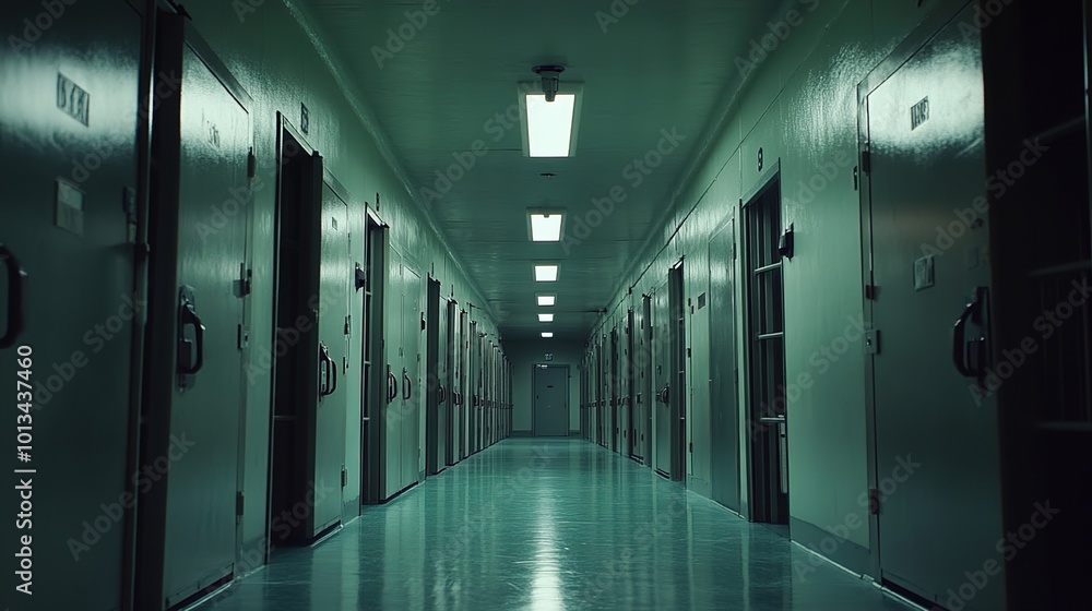 Obraz premium Interior of a prison corridor with rows of cells and locked doors, illuminated by ceiling lights.