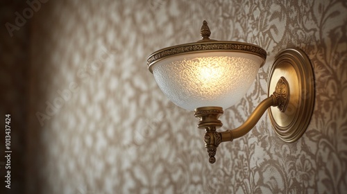 A close-up of a vintage brass wall sconce with a frosted glass shade, mounted on a textured . The soft light from the sconce highlights