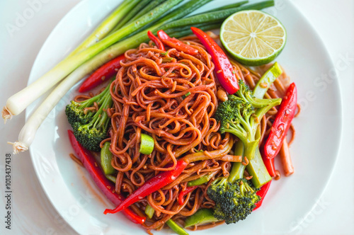 Stir fried noodle with vegetable for Chinese vegetarian festival, Vegetarian food Festival, isolated on white background
 photo