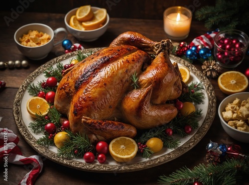 A stunning display of a baked Christmas turkey alongside a variety of festive side dishes