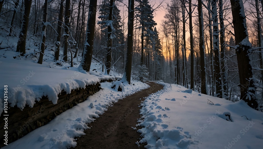 Snow-covered trail winding through a tranquil forest at twilight. Snow-covered trail winding through a tranquil forest at twilight.
