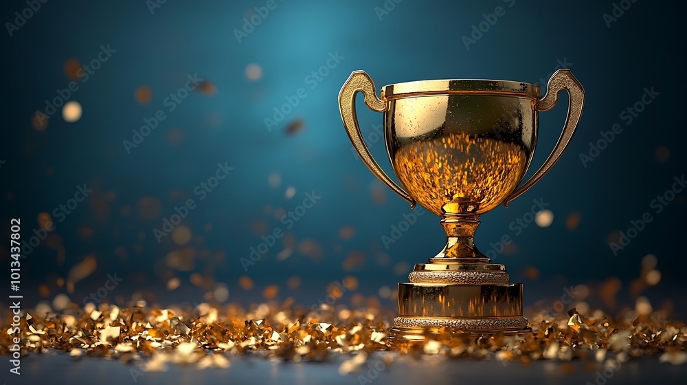 A golden trophy sits on a base with gold confetti raining down. A golden trophy sits on a base with gold confetti raining down.