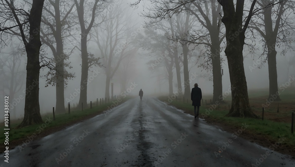 Solitary figure walking on a foggy winding road Solitary figure walking on a foggy winding road