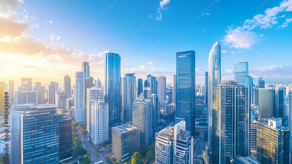 Fototapeta premium Aerial View of City Skyline and High-Rise Buildings Under Blue Sky and White Clouds