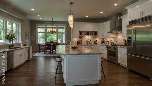 Spacious kitchen with an island and stainless steel appliances, leaving room for text.