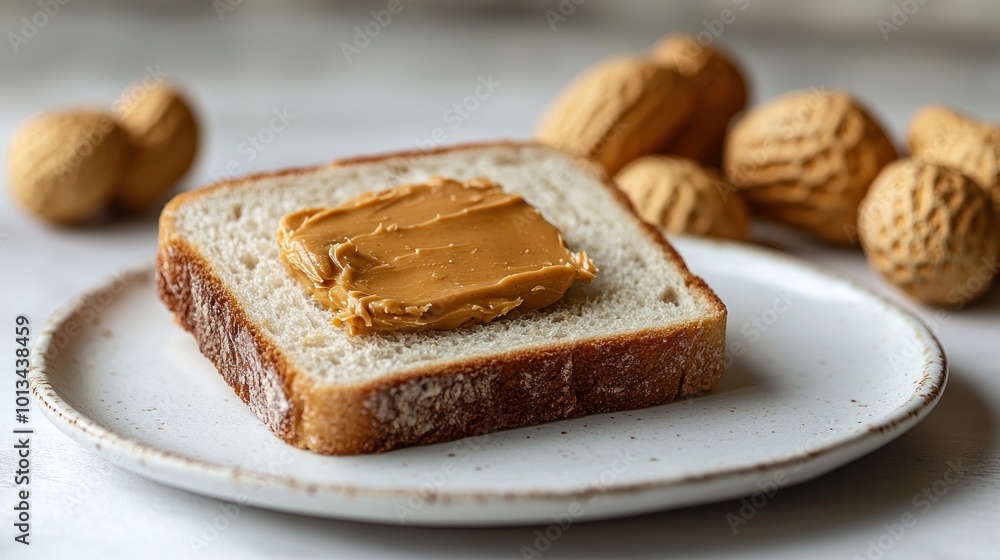 A slice of soft bread with smooth peanut butter awaits alongside scattered peanuts A slice of soft bread with smooth peanut butter awaits alongside scattered peanuts