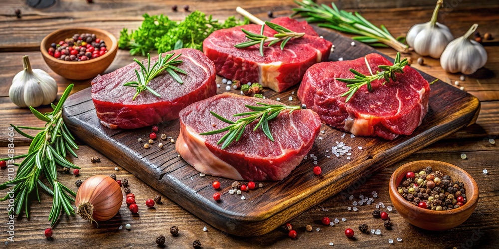 Fototapeta premium Freshly seasoned raw beef steaks garnished with fragrant herbs and spices, arranged artfully on a rustic wooden board, awaiting preparation for a savory meal.