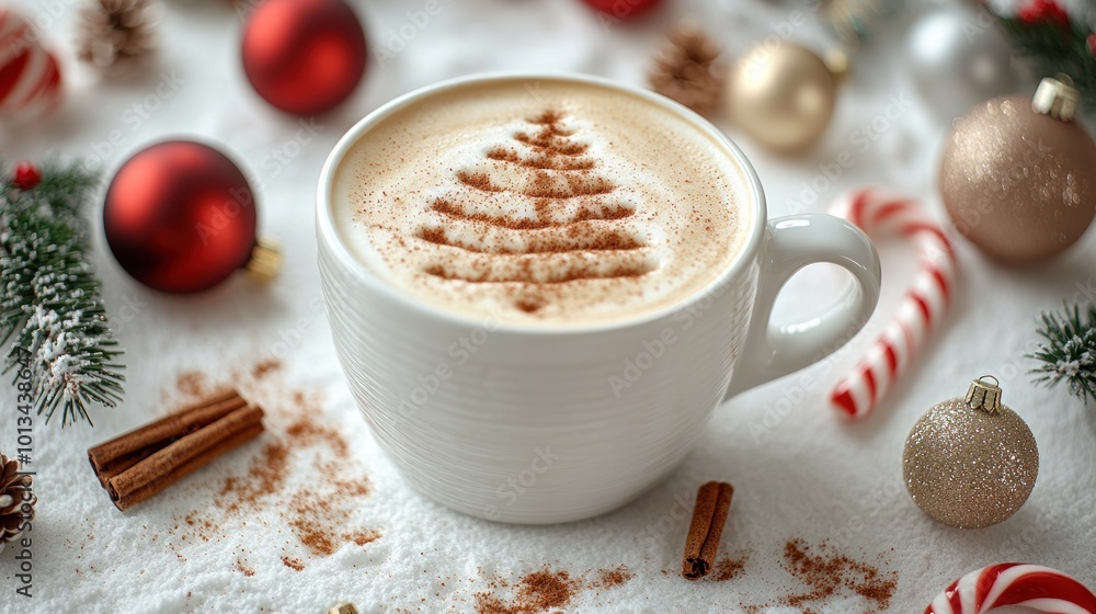 Delight in a cozy cup of spiced coffee adorned with a festive tree pattern Delight in a cozy cup of spiced coffee adorned with a festive tree pattern